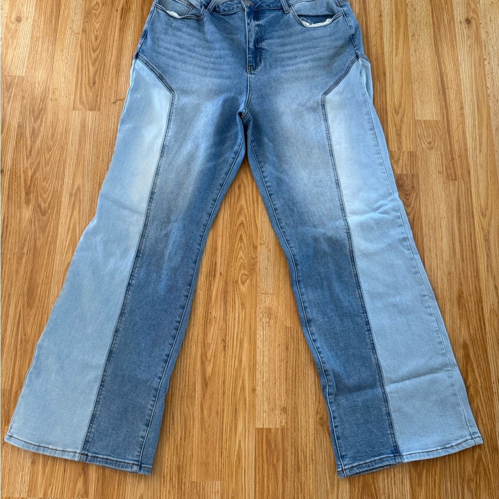 Two-Tone Blue Flare Jeans with Panel Detail